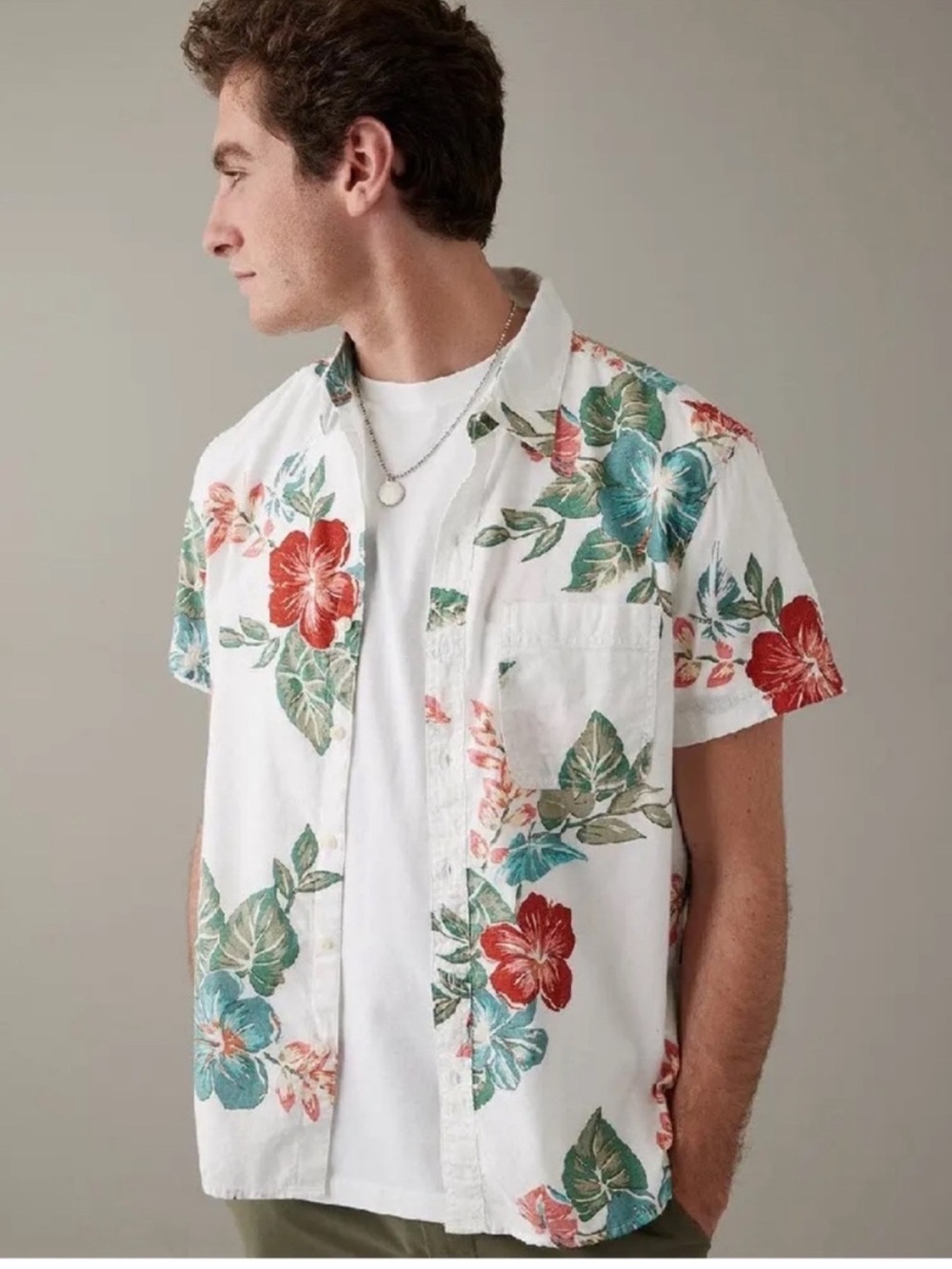 American Eagle Tropical Floral Button Up Shirt Mens Cotton Linen Hawaiian Summer